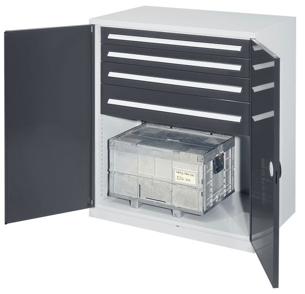 Werkstattschrank mit Schubladen und Kunststoffboxen