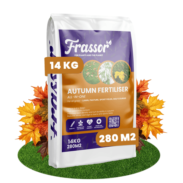Frassor Herbstdünger, 14 Kilogramm Packung für 280 Quadratmeter Rasenfläche. Zur Stärkung der Rasendichte und Widerstandsfähigkeit im Winter.