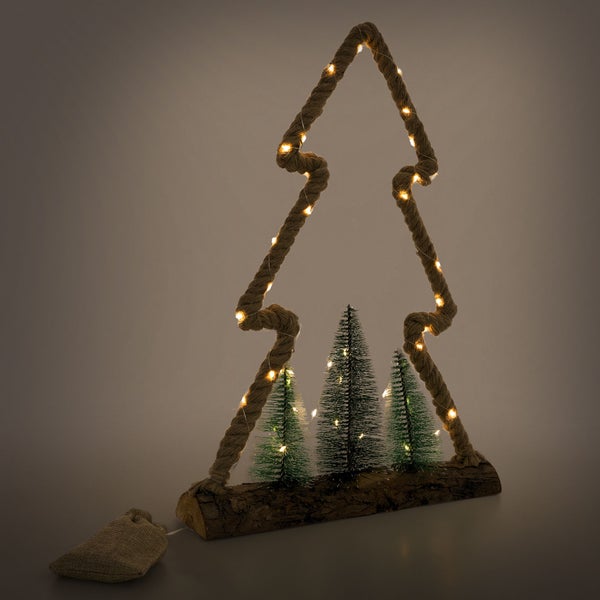 ECD Germany LED Jute Baum mit LED-Beleuchtung 35x6,5x45 cm, Deko Weihnachtsbaum aus Seil mit 45 warmweißen LEDs, 3 Tannen, Jutesäckchen, batteriebetrieben, Timer, Tannenbaum Figur Weihnachtsdeko Innen