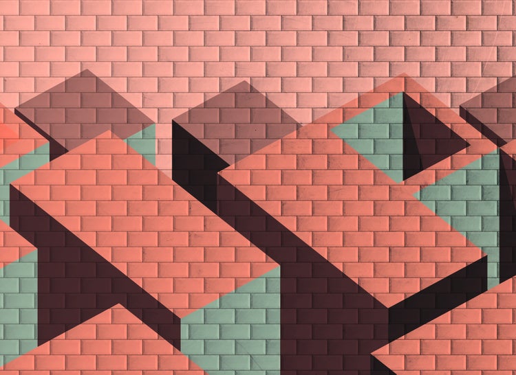 Fototapete mit geometrischem dreidimensionalem Muster und Mauerstruktur für moderne Wandgestaltung.