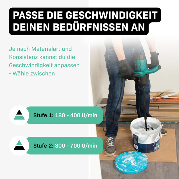 VONROC Betonmischer inkl. Rührwerk [1800W] - Quirl Mörtelrührer [mit Sanftanlauf] für Beton, Zement, Farbe, Mörtel - 2 Geschwindigkeitsmodi