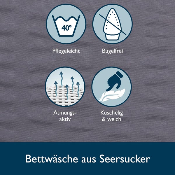 Eigenschaften von Seersucker Bettwäsche: waschbar bei 40 Grad, bügelfrei, atmungsaktiv, kuschelig und weich.