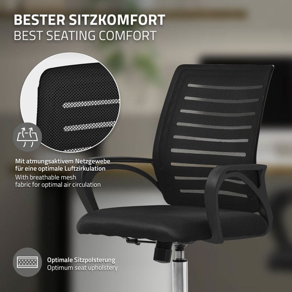 ML-Design Bürostuhl ergonomisch, Schwarz, Höhenverstellbarer Schreibtischstuhl mit Armlehnen, Computerstuhl mit atmungsaktiver Netzbespannung, Wippfunktion, 360° Drehstuhl mit Rollen, Gaming Stuhl