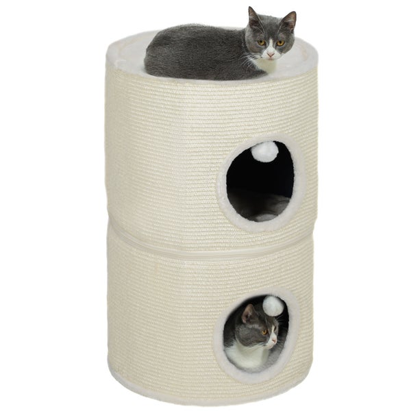 PawHut Kratztonne, 69 cm Hoch, Teilbare Katzentonne, Katzenturm mit 2 Höhle, Spielball, Katzenturm, Kratzbaum für Katzen bis 5 kg, Cremeweiß