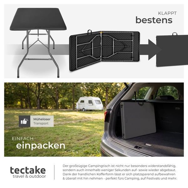 Klappbarer Campingtisch, aufgebaut, zusammengeklappt und für den einfachen Transport im Kofferraum eines Autos verstaut. Tectake Logo.