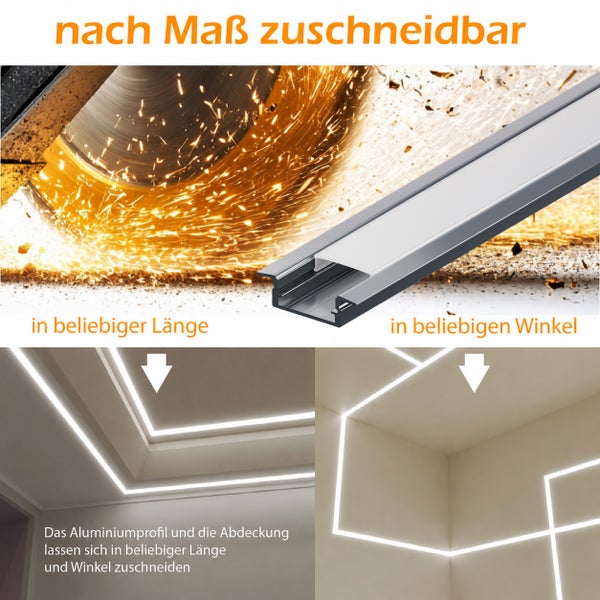 Aluminium LED Profil zur individuellen Längenzuschnitt und Winkeleinstellung für Decken und Wandeinbau mit Beleuchtung