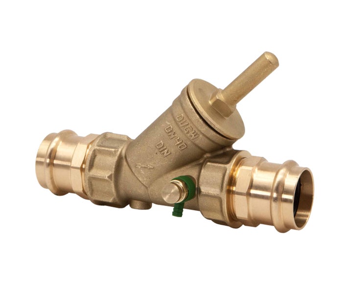 Schrägsitzventil aus Messing mit Pressanschluss, Nennweite 40, DIN geprüft.