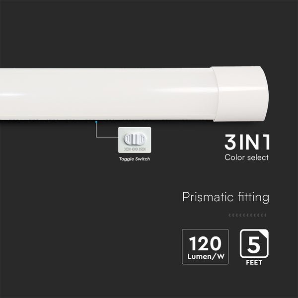 3-in-1 Farbauswahl LED-Röhre mit Prismenbefestigung, 120 Lumen pro Watt und 5 Fuss Länge.