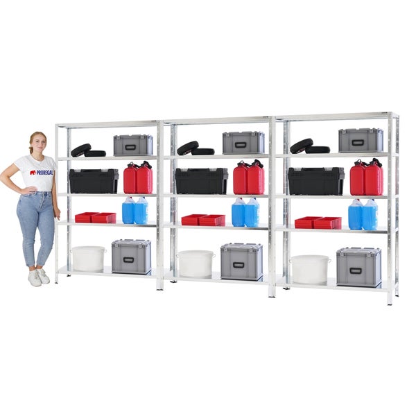 Drei verzinkte Schwerlastregale nebeneinander mit verschiedenen Lagerboxen, Kanistern und Werkzeugkoffern, eine Person zum Größenvergleich.