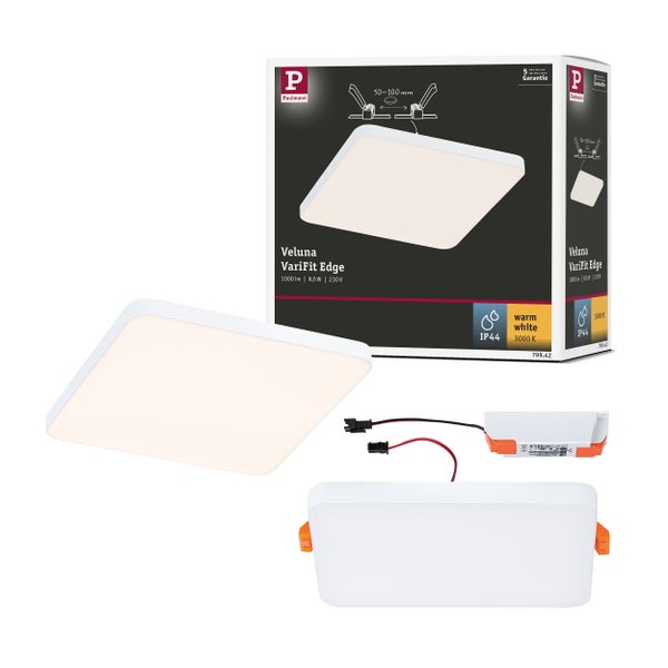 Quadratisches Paulmann Veluna VariFit Edge LED Einbaupanel mit Verpackung, 1000 Lumen, 8,5 Watt, 3000 Kelvin, IP44 Schutzart.