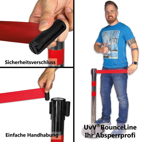 UvV BounceLine Personenleitsystem, Edelstahl 2 x 90 cm3 m Gewebeband / Rot / Heavy ca. 8 kg bis 3 m