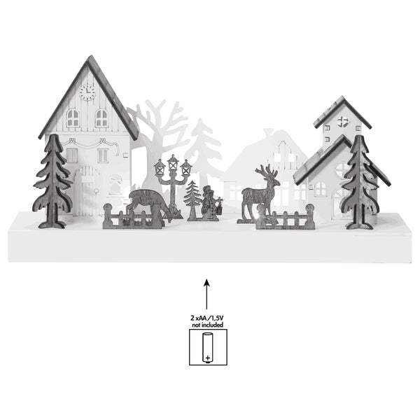 Dekorative Winterlandschaft aus Holz mit Häusern, Bäumen, Laternen und Tieren