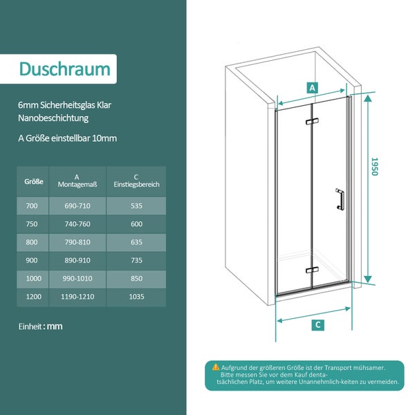 Maßzeichnung und Größentabelle für eine Duschtür aus 6 Millimeter Sicherheitsglas mit Nanobeschichtung für Nischenmontage.