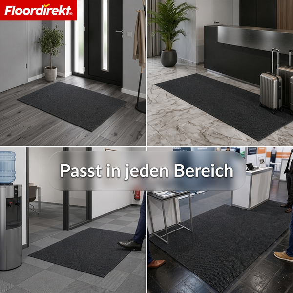 Floordirekt Logo. Anthrazitfarbene Schmutzfangmatte, passend für verschiedene Bereiche wie Hauseingang, Hotelrezeption, Büro und Messestand.