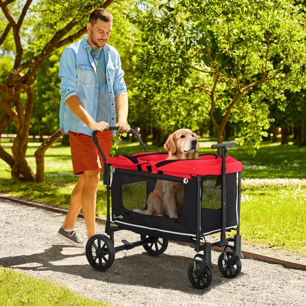 Mann schiebt einen Hund im Hundeanhänger durch einen Park.