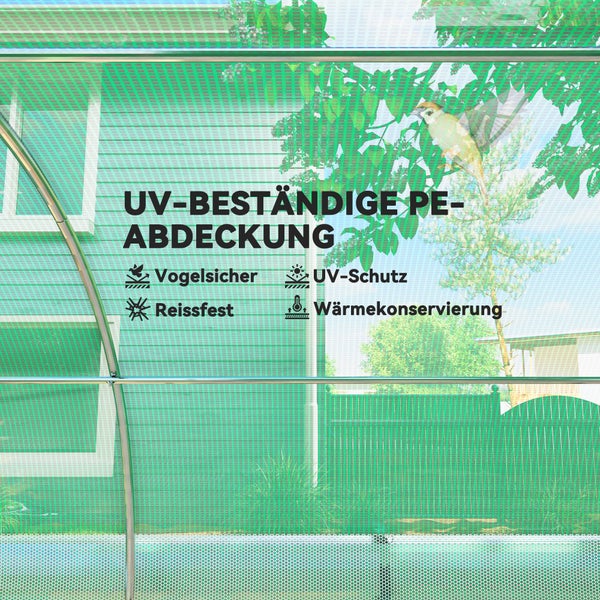 Outsunny Gewächshaus 4 x 3 x 2 m Foliengewächshaus mit 8 Fenster, Rolltüren, Aufrollbar Seitenwänden, UV-beständiger Folientunnel, Winterfest Tomatenhaus mit Erdanker, Grün