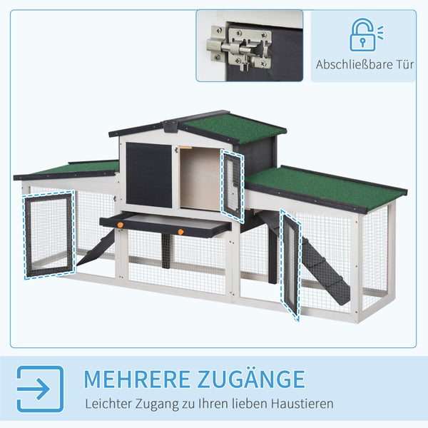 PawHut Kleintierstall Kleintierkäfig Zwergkaninchenstall mit Freigehege und Asphaltdach Doppelstöckiger Meerschweinchenstall Tannenholz Dunkelgrau+Weiß 204 x 45 x 80 cm