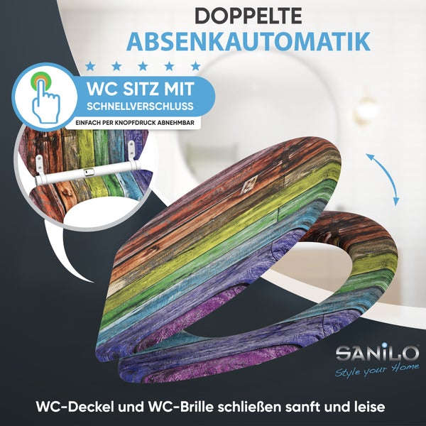 WC-Sitz mit Holzdekor, doppelter Absenkautomatik und Schnellverschluss per Knopfdruck. Sanilo Logo.