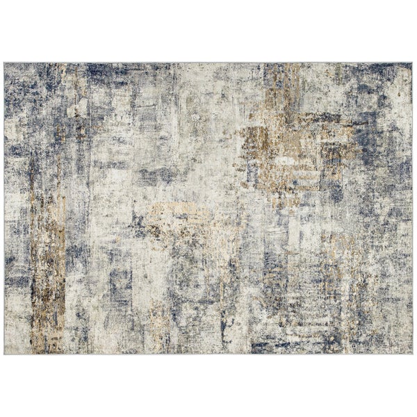 Rechteckiger Teppich mit abstraktem Vintage-Muster in Grau, Blau und Beige mit verwaschener Optik.