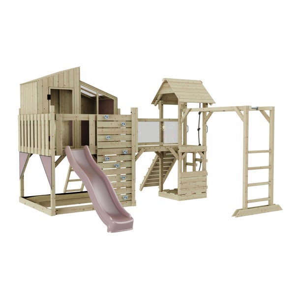 Holzspielplatz mit Rutsche, Kletterwand, Schaukel und Spielhaus für den Garten