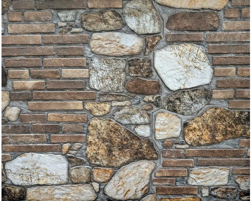 Nahaufnahme einer Wand mit Ziegel- und Steinmuster