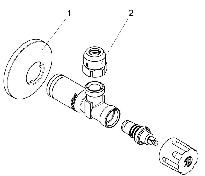 Explosionszeichnung eines Eckventils mit Wandrosette, Ventilgehäuse, Überwurfmutter, Ventiloberteil und Handgriff.