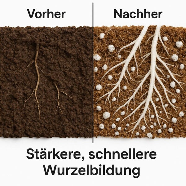 Vorher-Nachher-Vergleich der Wurzelbildung. Darstellung eines schwachen und eines kräftigen, dichten Wurzelsystems in der Erde.