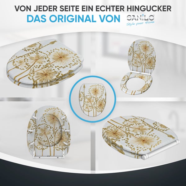 Sanilo WC Sitz mit Pusteblumen Motiv in verschiedenen Ansichten gezeigt als Motiv Toilettensitz für das Badezimmer.