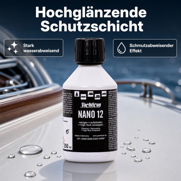 Yachticon Nano 12 Versiegelung zur Reinigung und zum Schutz von Oberflächen in einer zweihundertfünfzig Milliliter Flasche auf einem Boot.