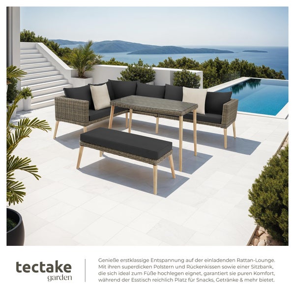 Rattan Lounge tectake Pula mit Sicherheitsglasplatte mit Aluminiumgestell natur