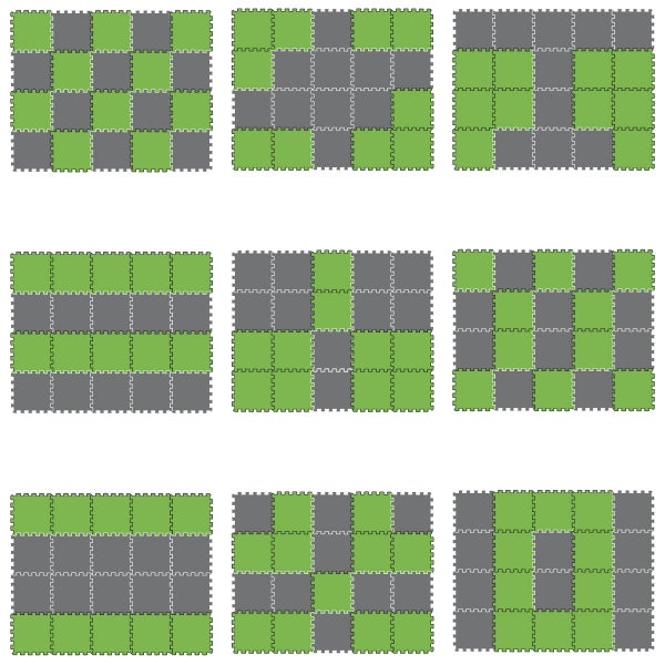 Neun verschiedene Verlegemuster für grüne und graue ineinandergreifende Bodenschutzmatten aus Schaumstoff.