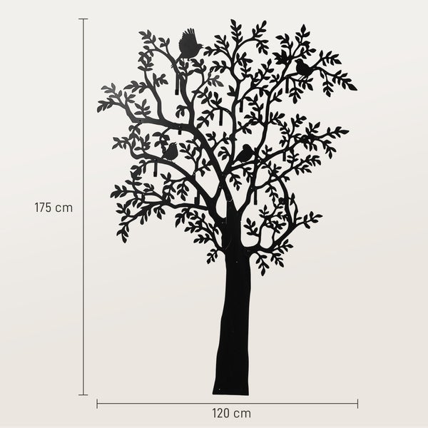Wanddekoration aus Metall in Form eines Baumes mit Vögeln, Höhe 175 Zentimeter, Breite 120 Zentimeter.
