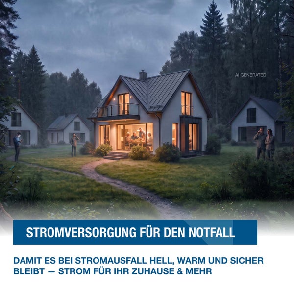 Beleuchtetes Wohnhaus bei Stromausfall in einer Waldsiedlung mit Personen und Notstromversorgung