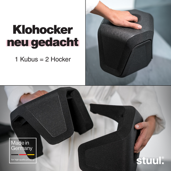 Stuul Klohocker in Schwarz aus zwei ineinandersteckbaren Teilen, die einen Kubus bilden. Hergestellt in Deutschland. Stuul Logo.