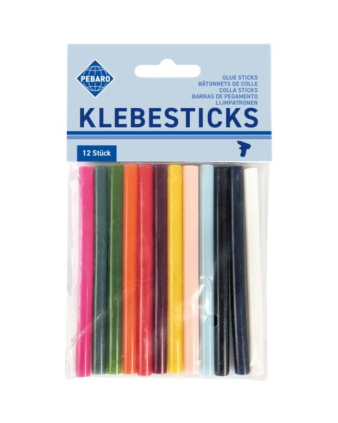 Pebaro Klebesticks für Heißklebepistole, 12 Stück, verschiedene Farben in transparenter Verpackung