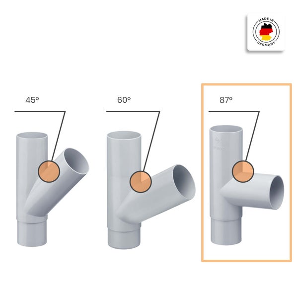 HT-Abzweig für Abwasserrohre mit einem Winkel von 87 Grad, hergestellt in Deutschland.