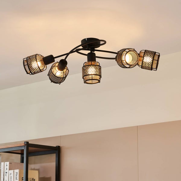 Deckenleuchte mit fünf Leuchten und Drahtschirmen