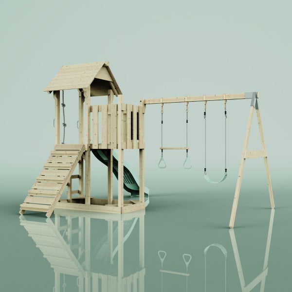 Holzspielplatz mit Rutsche, Schaukel und Kletterturm