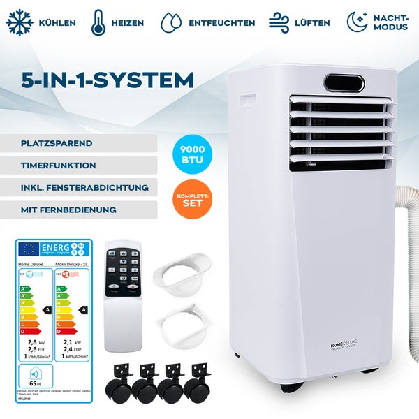 Home Deluxe - Klimaanlage Mobil SET MOKLI XL DELUXE - 9000 BTU/h (2.600 Watt) - Mobiles Klimagerät mit 5in1 System: kühlen, heizen, entfeuchten, lüften, Nachtmodus