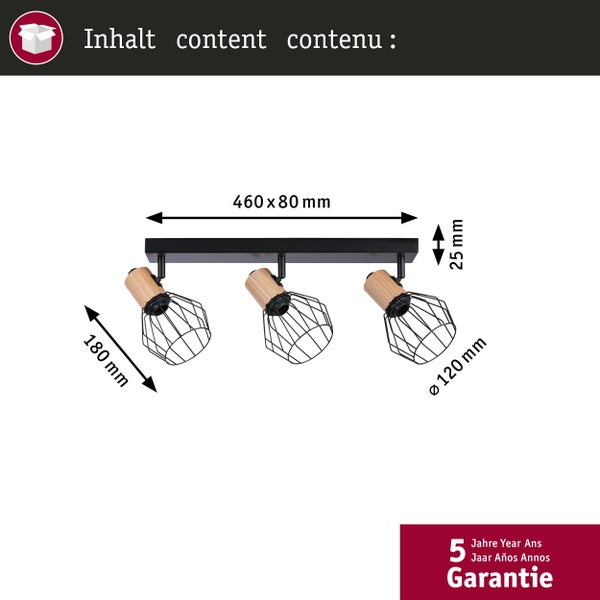 Dreiflammiger Deckenstrahler, Holz und Metall, 460 mal 80 mal 25 Millimeter, Höhe 180 Millimeter, Durchmesser 120 Millimeter, 5 Jahre Garantie.