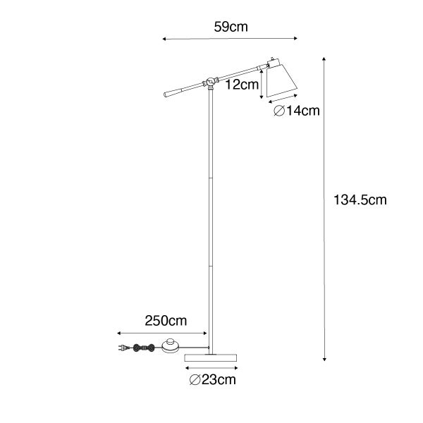 Technische Zeichnung einer Stehlampe mit Maßangaben