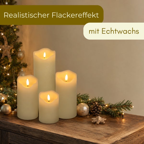 Vier LED-Echtwachskerzen in verschiedenen Größen mit realistischem Flackereffekt auf einem Holztisch mit Weihnachtsdekoration.