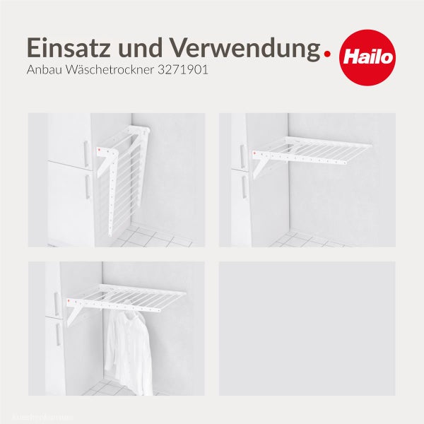 Hailo Anbau-Wäschetrockner montiert an Schrank, zeigt Klappfunktion und Nutzung zum Wäscheaufhängen. Hailo Logo.