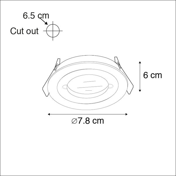 Technische Zeichnung einer Einbauleuchte mit den Maßen 6 cm Höhe, 7,8 cm Durchmesser und einem Ausschnitt von 6,5 cm.