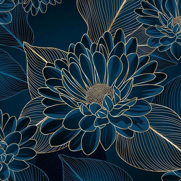Modernes Schlafzimmer mit großflächiger floraler Fototapete mit dunkelblauen Blumen und goldenen Linien hinter einem Holzbett.