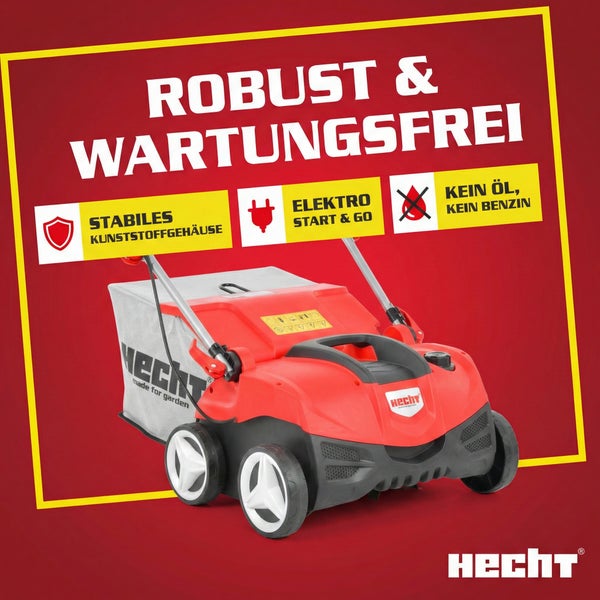 Hecht Rasenlüfter mit Hinweisen auf robustes Kunststoffgehäuse, Elektrostart und ölfreien Betrieb