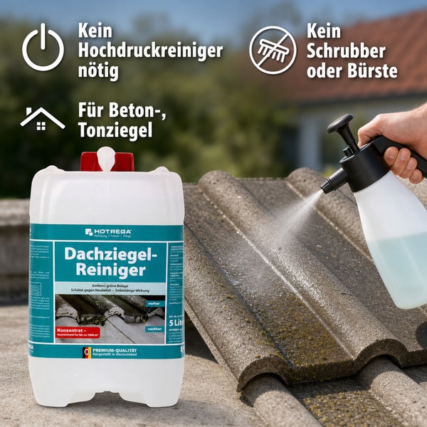 Hotrega Dachziegelreiniger Konzentrat im 5 Liter Kanister zur schonenden Reinigung von Beton und Tonziegeln ohne Hochdruckreiniger oder Bürsten.