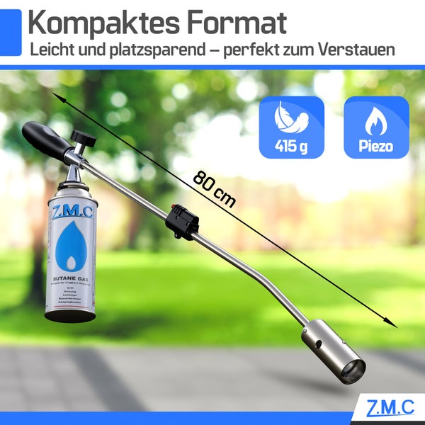 ZMC Unkrautvernichter 2,5 kW + 4 Gaskartuschen 227g, Unkrautbrenner mit Piezo-Zündung, Abflammgerät mit einstellbarer Flammenleistung bis zu 1400 °C, für den unkrautfreien Garten und Gehweg