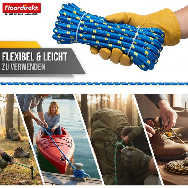 Bündel blaue Mehrzweckseile mit gelben Akzenten, gehalten von einer Hand mit Handschuh.