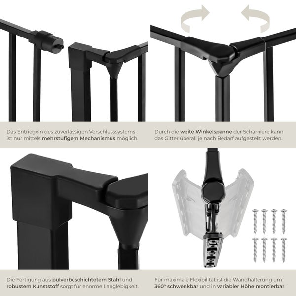 Produktdetails eines Schutzgitters aus schwarzem, pulverbeschichtetem Stahl mit Verschlussmechanismus, Gelenken und 360 Grad Wandhalterung.